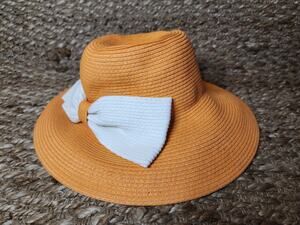 Orange Woven Paper Straw Sun Floppy Hat White Bow Beach Summer Spring New!